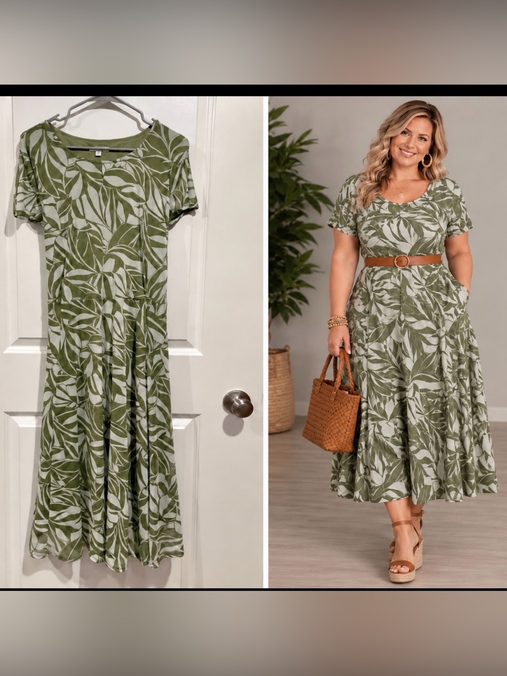 NorthStyle Olive/Sage Green and White Leaf-Print Midi Meshy Dress sz 3X
